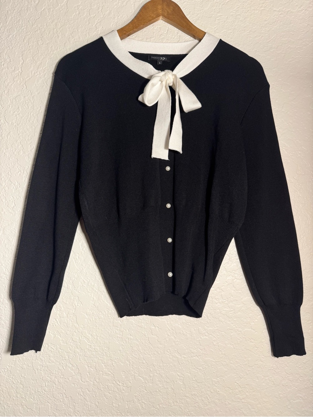 Papermoon Black Knit Cardigan with White Bow Collar
